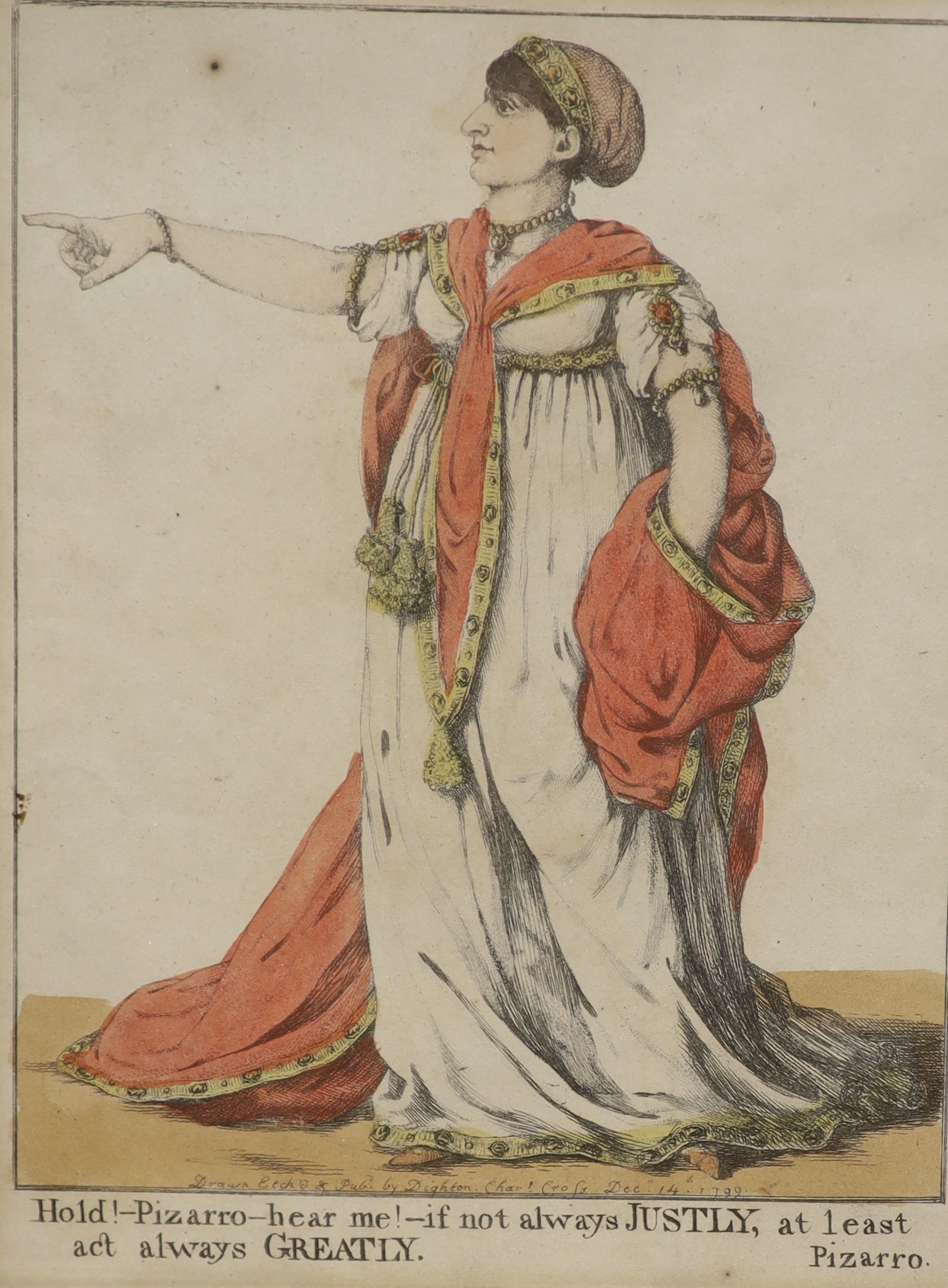 James Dighton, pair of coloured engravings, 'We serve a King ...' and 'Hold! Pizarro Hear Me', 23 x 17cm